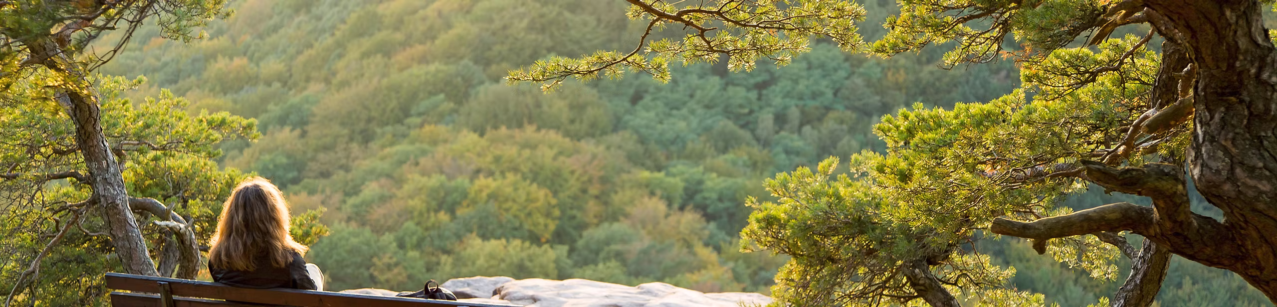 Eine Frau sitzt auf einer Bank mit weitem Blick in die Natur
